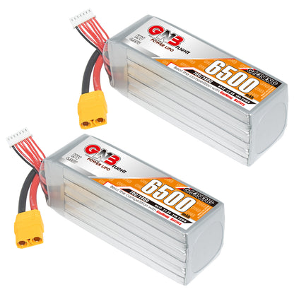 Two GNB 6500mAh 6S LiHV LiPo battery packs shown at angle with XT90 connectors and balance leads