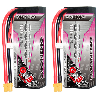 Front and rear views of GAONENG GNB 8000mAh 3S LiHV hard case battery, showing label and leads