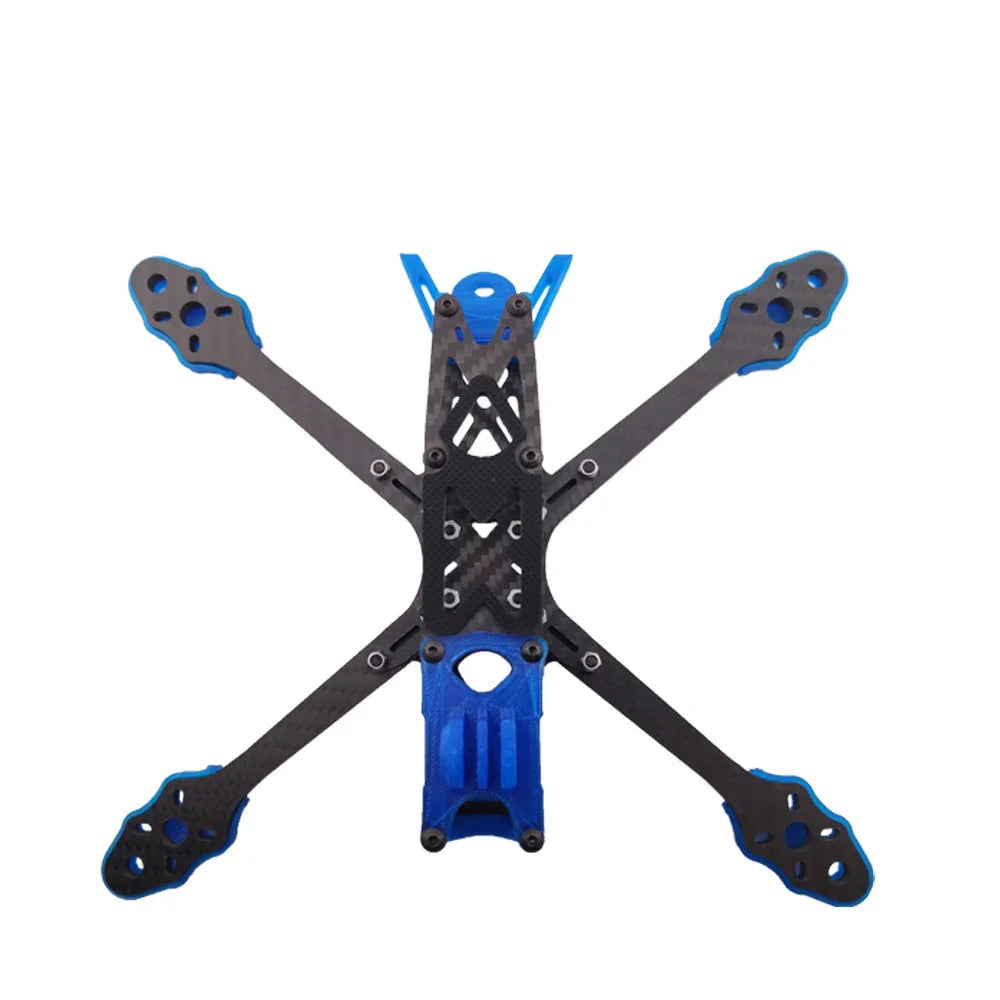 Top view of Darwin 240mm wheelbase quadcopter frame, carbon fiber arms and blue TPU rear mount