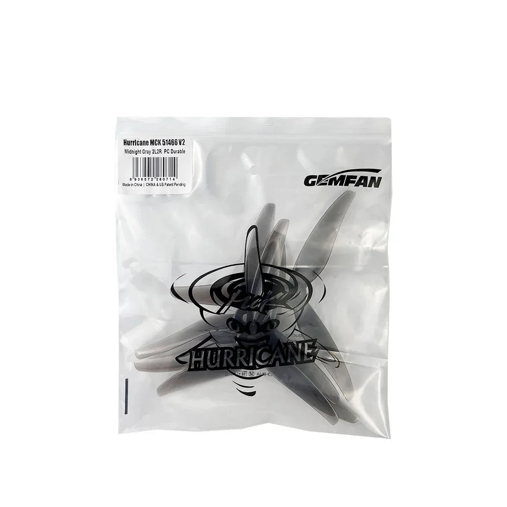 Packaged black 3-blade propellers in clear bag with Hurricane label and barcode sticker