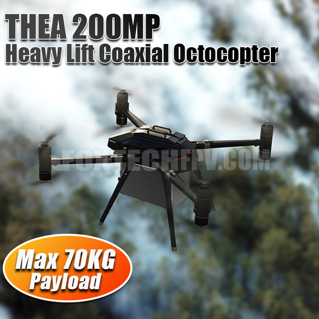 The THEA 200MP Octocopter is an industrial drone with an 8-axis design, lifting up to 70kg, featuring stability through coaxial rotors.