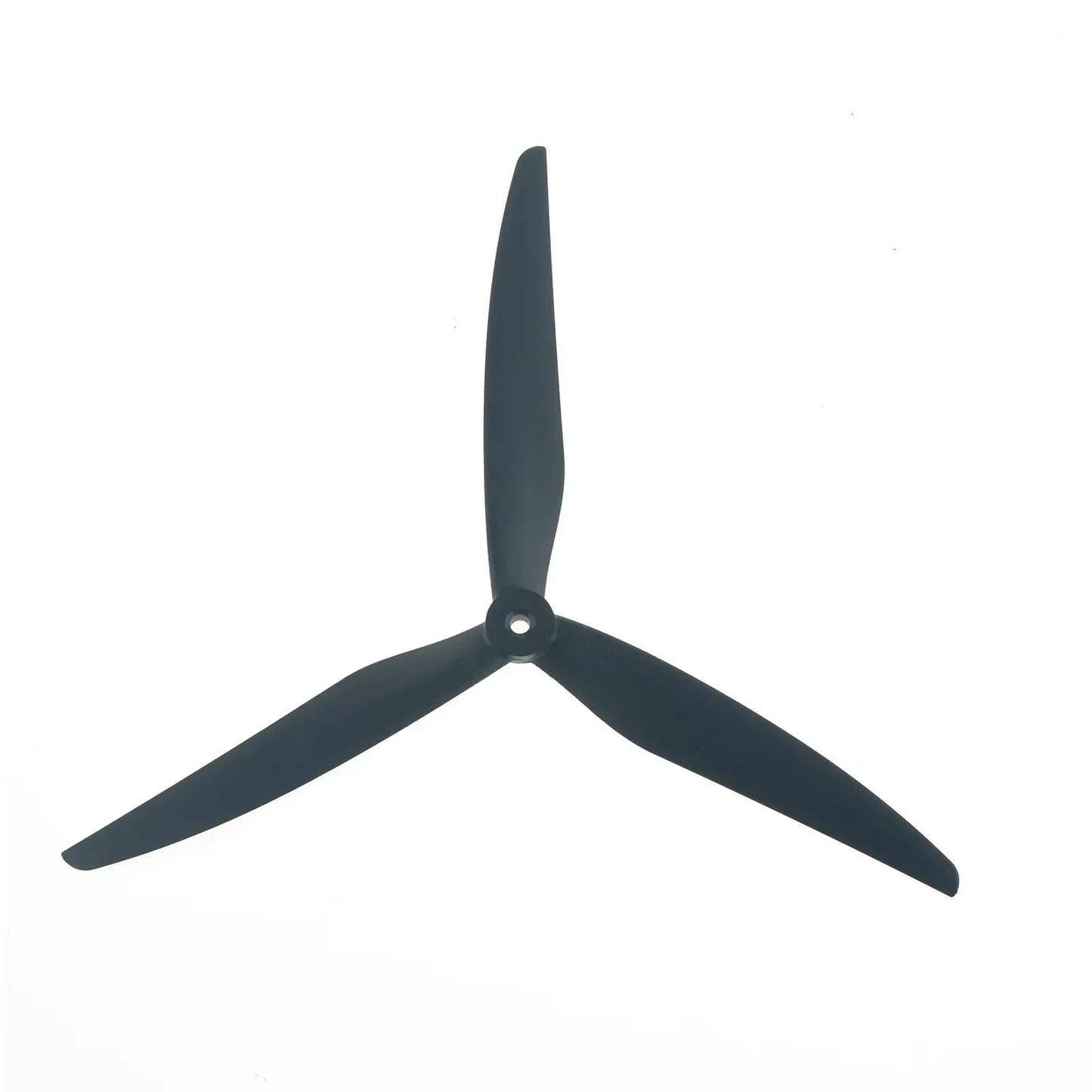 Black tri-blade FPV drone propeller, angled view showing blade shape and hub opening