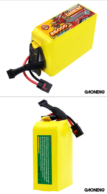 Two-view collage showing GAONENG 26000mAh battery pack front label and safety label sides
