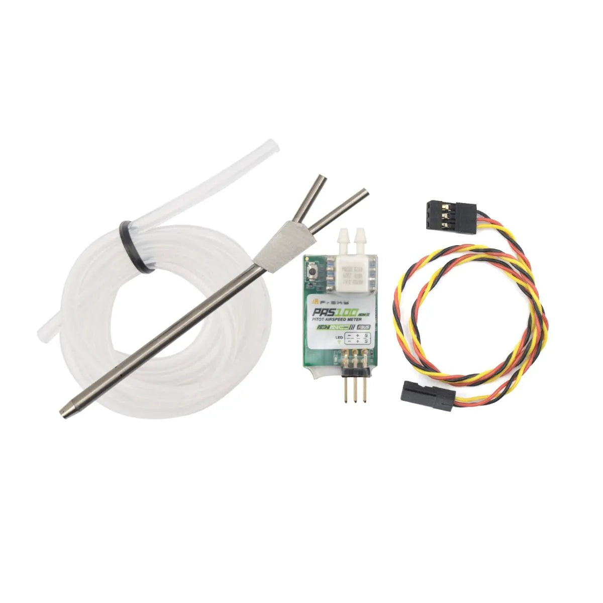 PAS100 ADV airspeed sensor kit with pitot tube, silicone tubing, sensor module, and servo-style cable