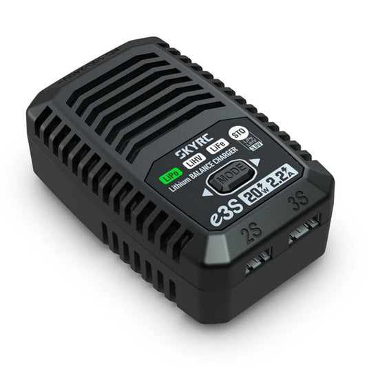 SkyRC e3S 20W 2.2A lithium balance charger with mode button and 2S/3S balance ports