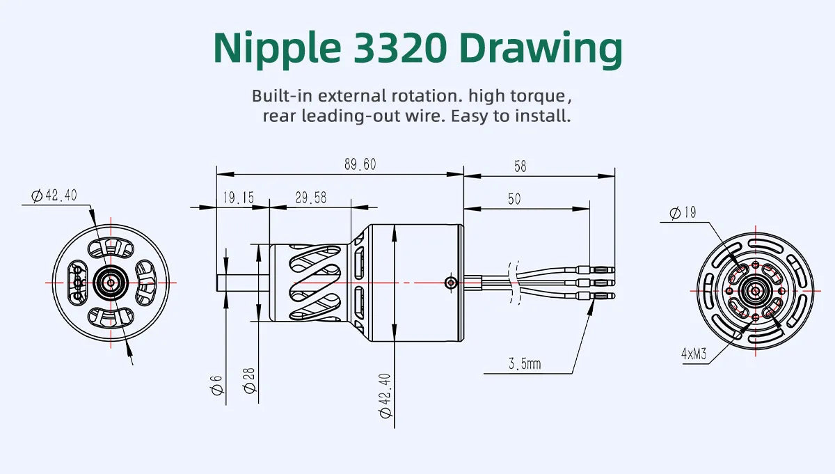Nipple 3320 Drawing Built-in external rotation. high torque rear leading-out wire