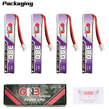 Packaging image showing 4 batteries plus GNB Racing Power LiPo box and user instructions card