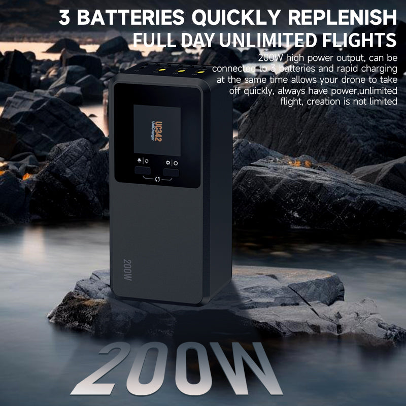 200W charger for DJI Mavic 4 Pro: fast-charges 3 batteries, LCD display, USB-C, smart modes—ideal for power and convenience.