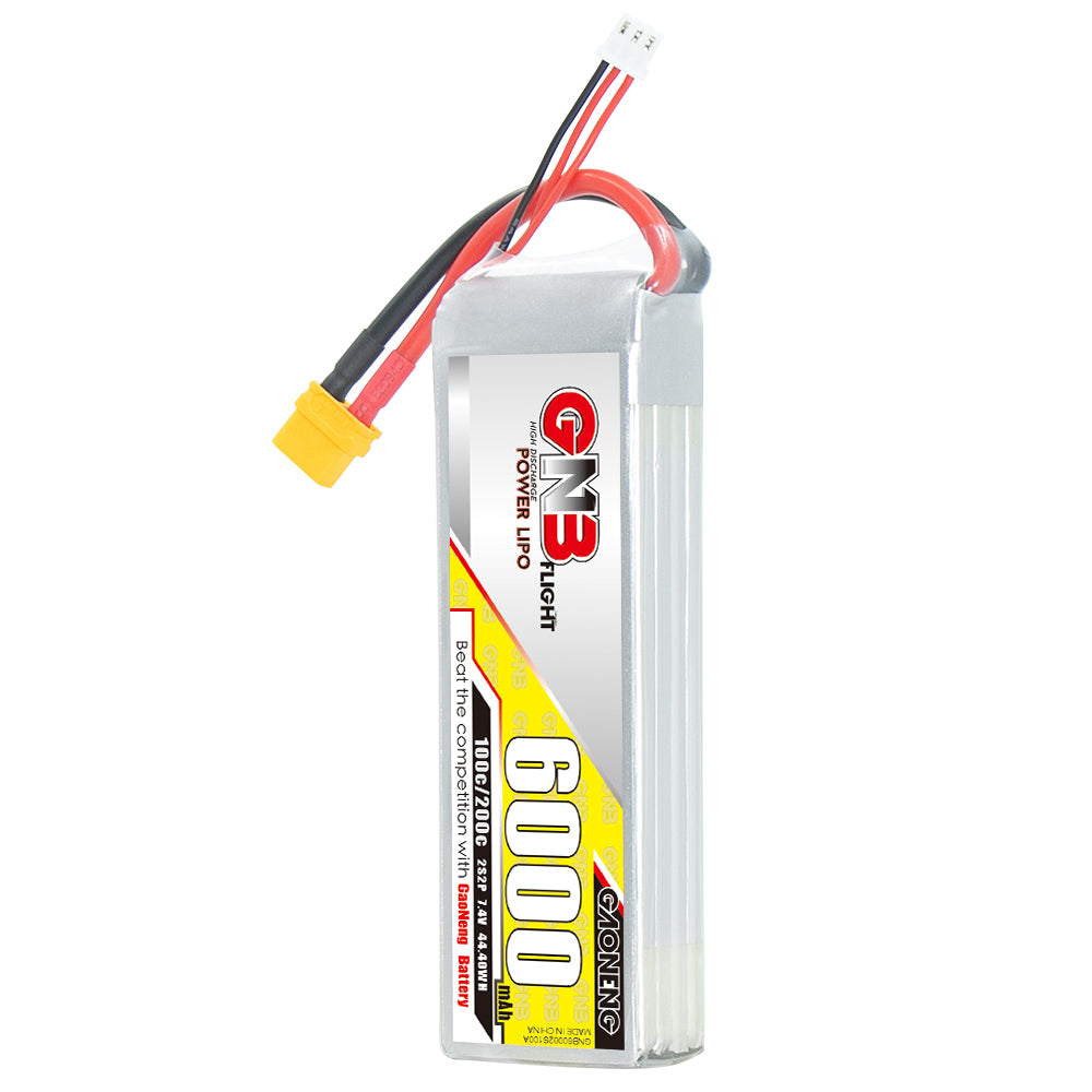 GAONENG GNB60002S100A 2S 7.4V 6000mAh 100C LiPo battery with XT60 lead, front label view