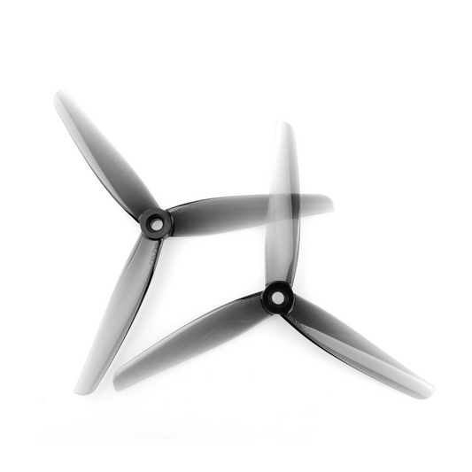 HQProp 6X2.5X3 light grey tri-blade propellers, two-piece set with hub close-up on white