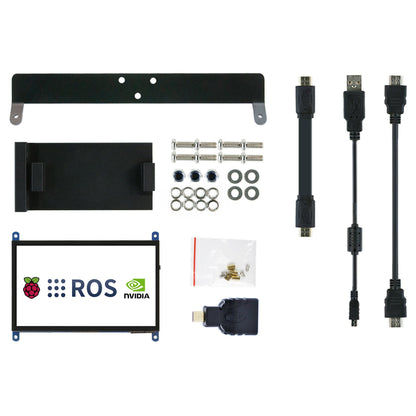 Package contents layout: bracket plates, screws, nuts, washers, 7-inch screen, HDMI and USB cables, power adapter