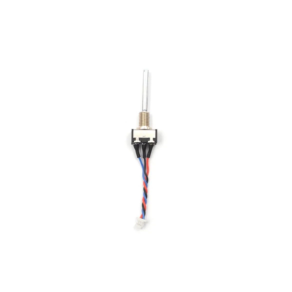 Front view of long-handle spring-return toggle switch showing threaded bushing and 3-wire lead with plug