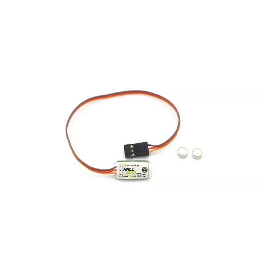 FrSky Hall RPM Sensor with 3-pin lead and two round magnets, top view on white background