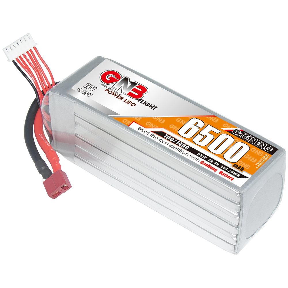 Single GNB HV 6500mAh battery angled view showing top leads and silver hard case