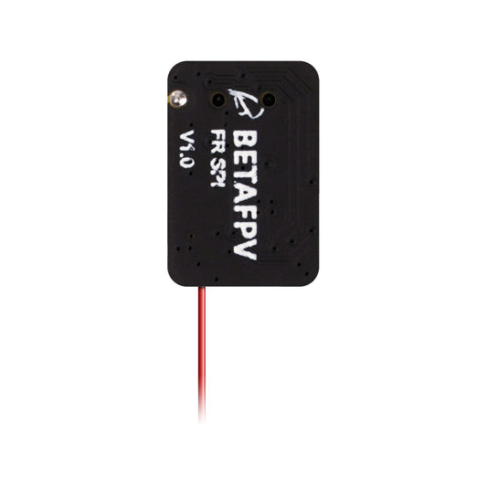 BetaFPV SPI Frsky Receiver top side with BETAFPV and FRSKY V1.0 markings, red antenna wire