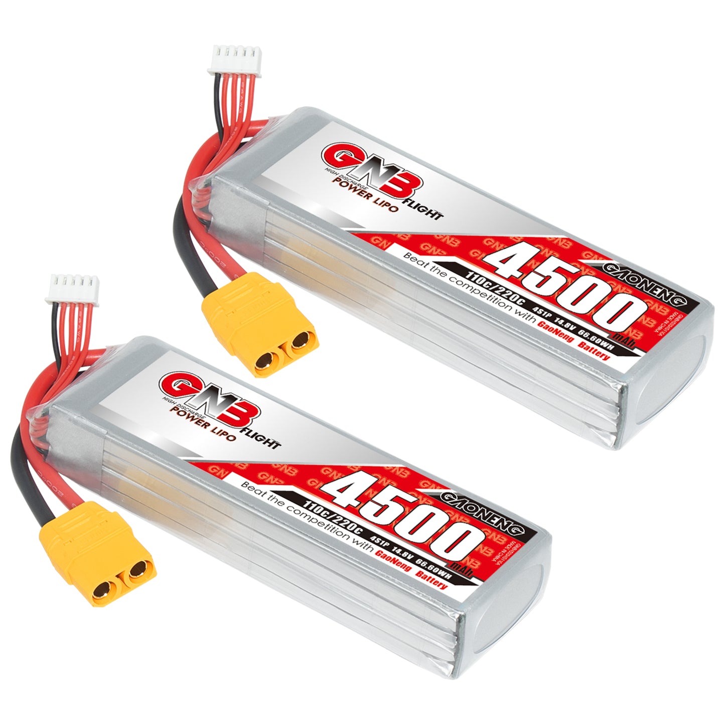 Two GAONENG 4500mAh 4S LiPo batteries shown with yellow XT90 connectors and white balance plugs