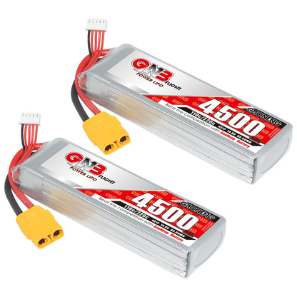 Two GAONENG 4500mAh 4S LiPo batteries shown with yellow XT90 connectors and white balance plugs