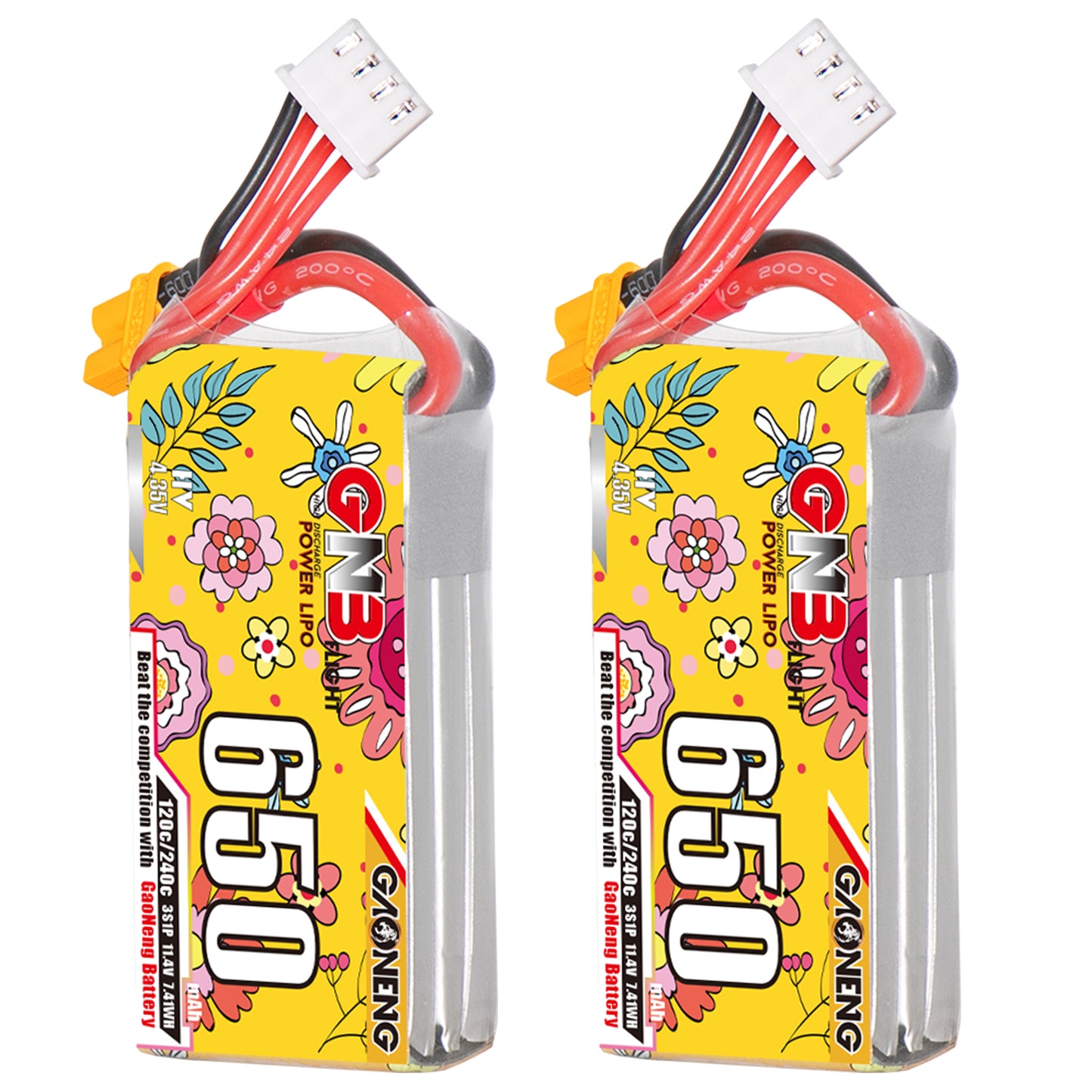 GAONENG GNB6503S 3S 11.4V 650mAh 120C LiHV battery with XT30 lead and balance plug, pair