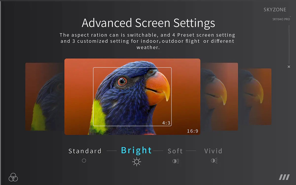SKYZONE SKY04O PRO FPV Goggle, Customizable display settings with switchable aspect ratio and preset modes.