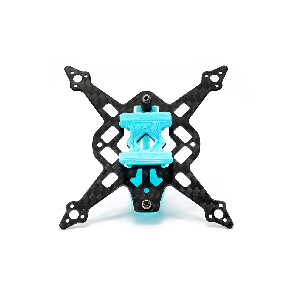 Top-down view of Sub250 NF16 Nanofly16 77mm wheelbase frame with blue mount bracket installed