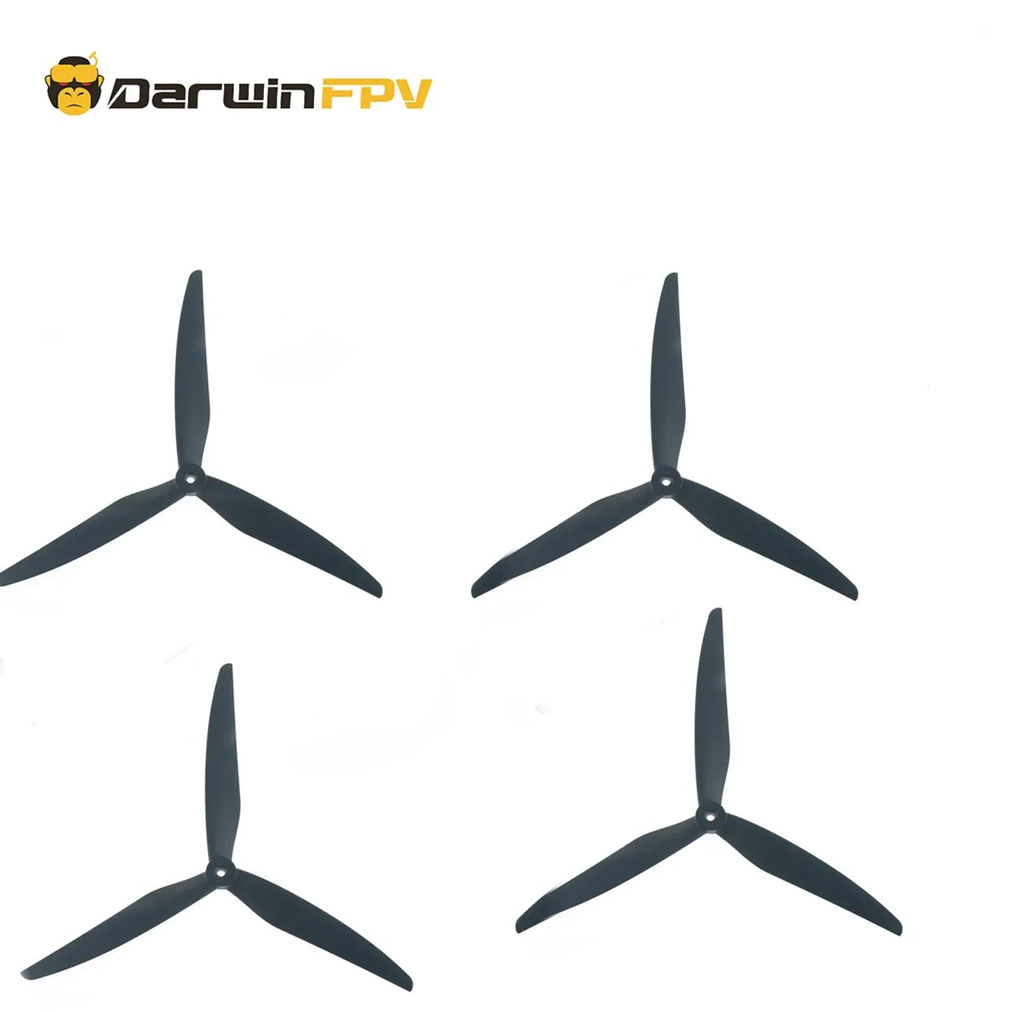 Set of four black 3-blade FPV drone propellers displayed together on white background