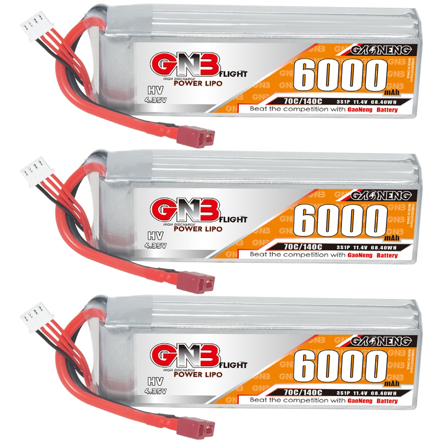 Three GNB 6000mAh LiHV LiPo batteries lined up, each with T-plug and balance connector