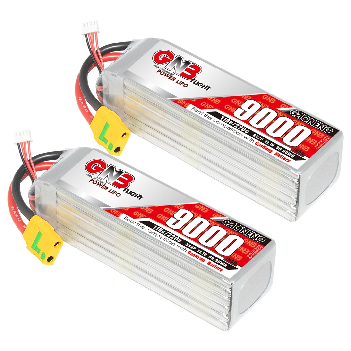 Two GNB 9000mAh 3S LiPo battery packs shown with XT90S connectors and balance leads