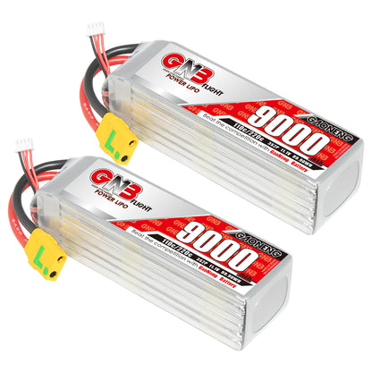Two GNB 9000mAh 3S LiPo battery packs shown with XT90S connectors and balance leads