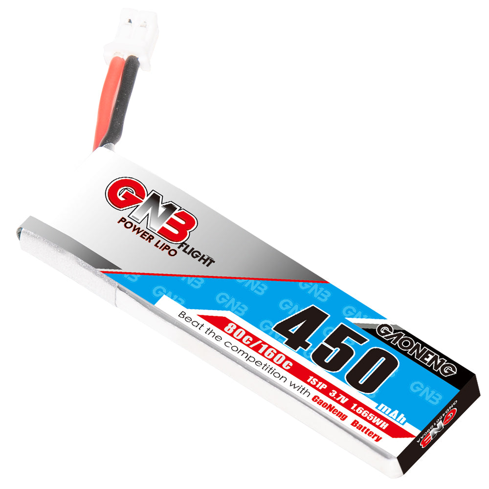 GAONENG GNB 1S 3.7V 450mAh 80C LiPo battery with PH2.0 plug shown with retail box