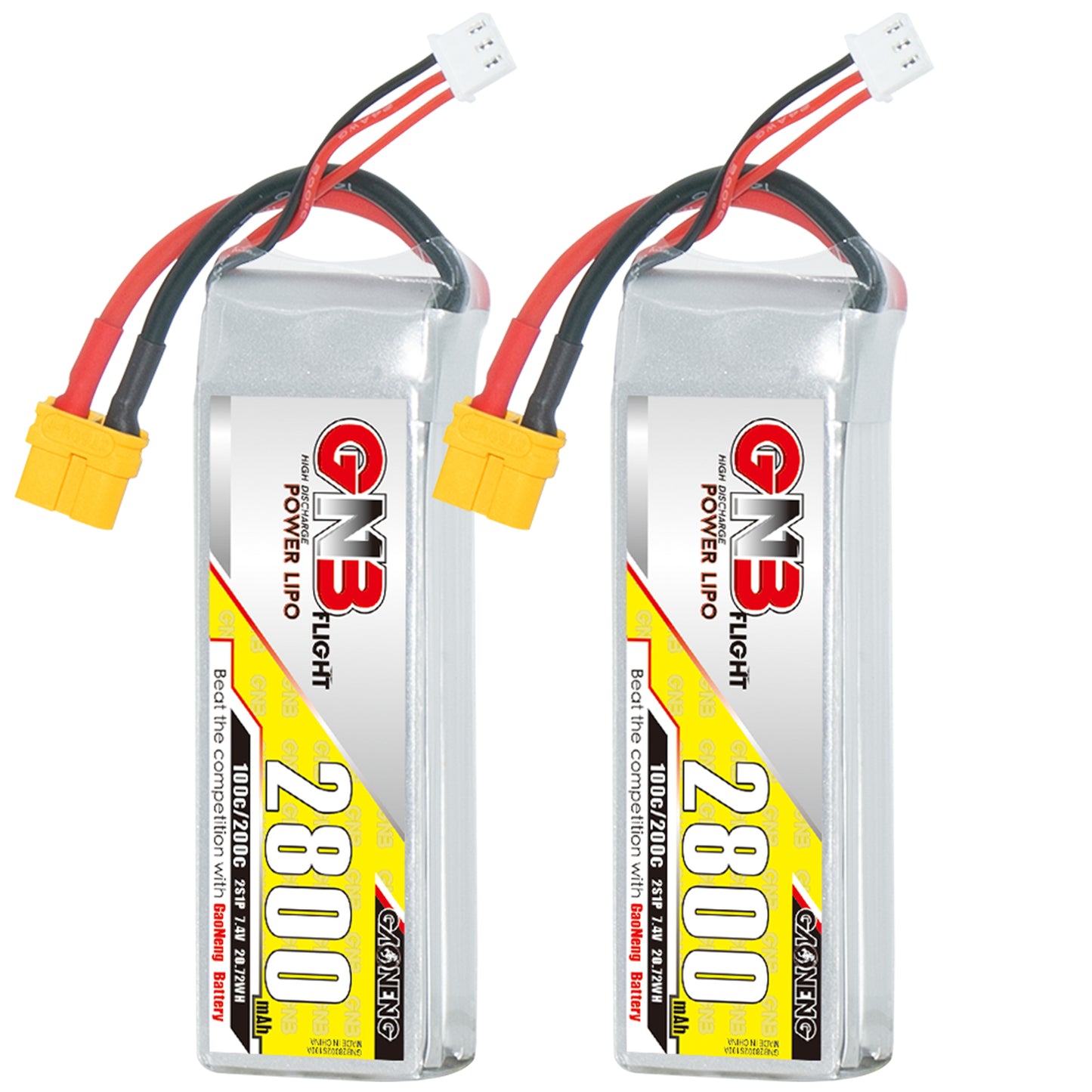 GAONENG GNB 2S 7.4V 2800mAh 100C LiPo battery with XT60 plug, 2-pack shown