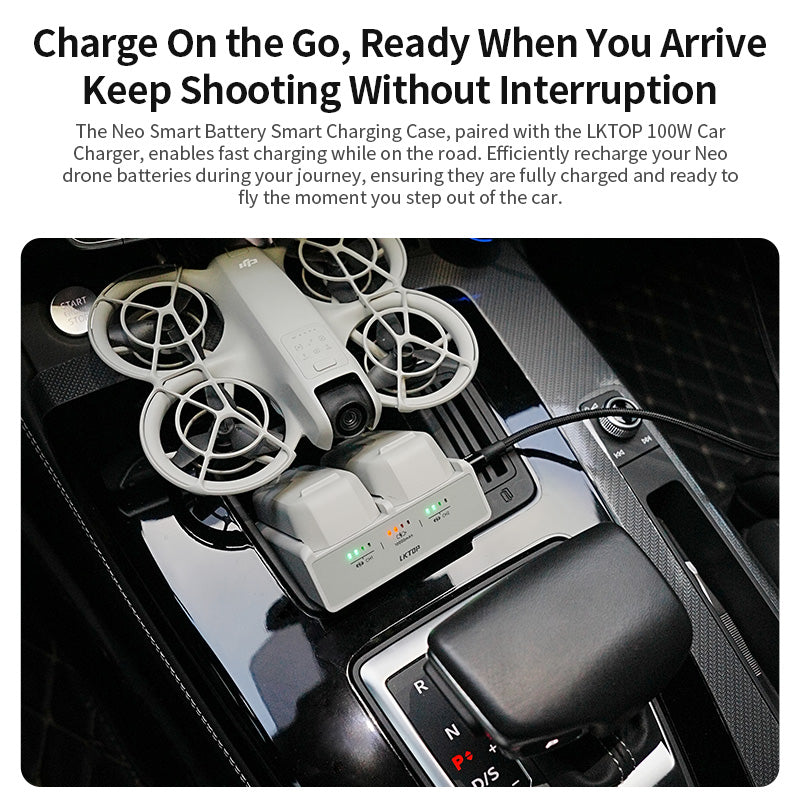 Charge DJI Neo batteries anywhere with the Smart Case and 100W car charger—fast, portable, app-controlled, 3-slot readiness.
