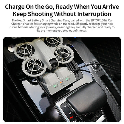 Charge DJI Neo batteries anywhere with the Smart Case and 100W car charger—fast, portable, app-controlled, 3-slot readiness.