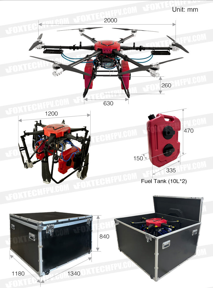 Foxtech Thor 210 Hybrid Hexacopter, The EFI engine optimizes fuel efficiency at 700g/kWh, while foldable arms and propulsion system make the hexacopter portable and easy to deploy.