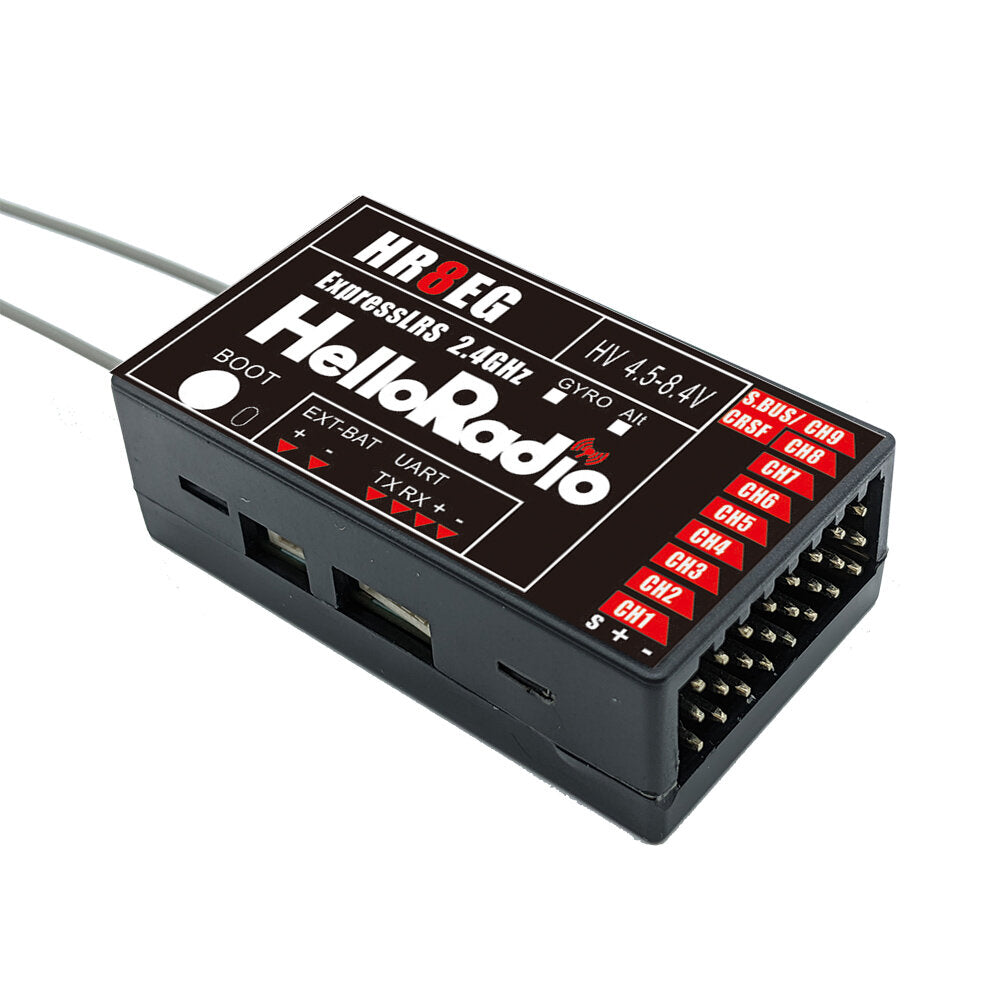 HelloRadioSky HR8EG 2.4GHz ELRS 9CH PWM radio receiver with dual antenna and labeled channel outputs