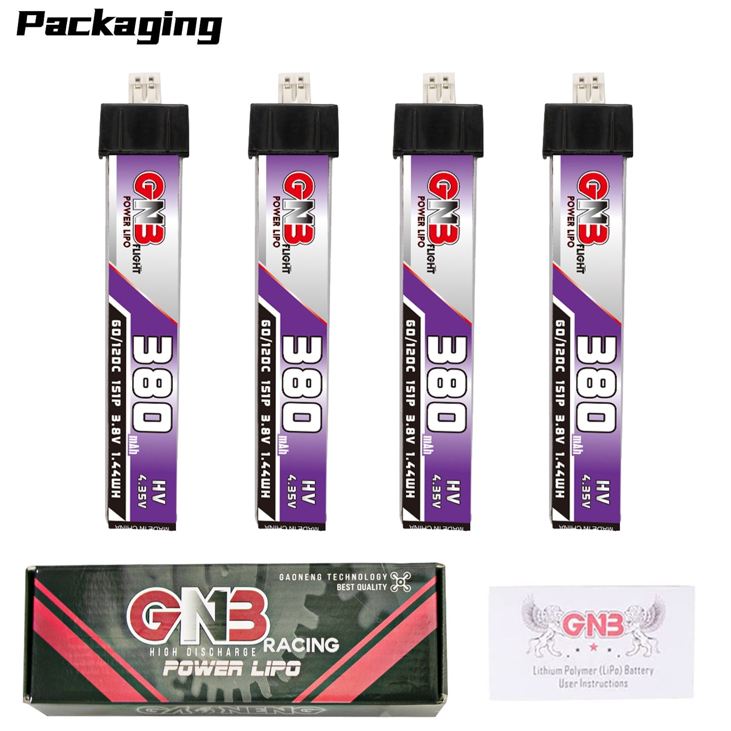 Packaging contents: four GNB 380 LiHV batteries, GNB Racing Power LiPo box, and user instructions