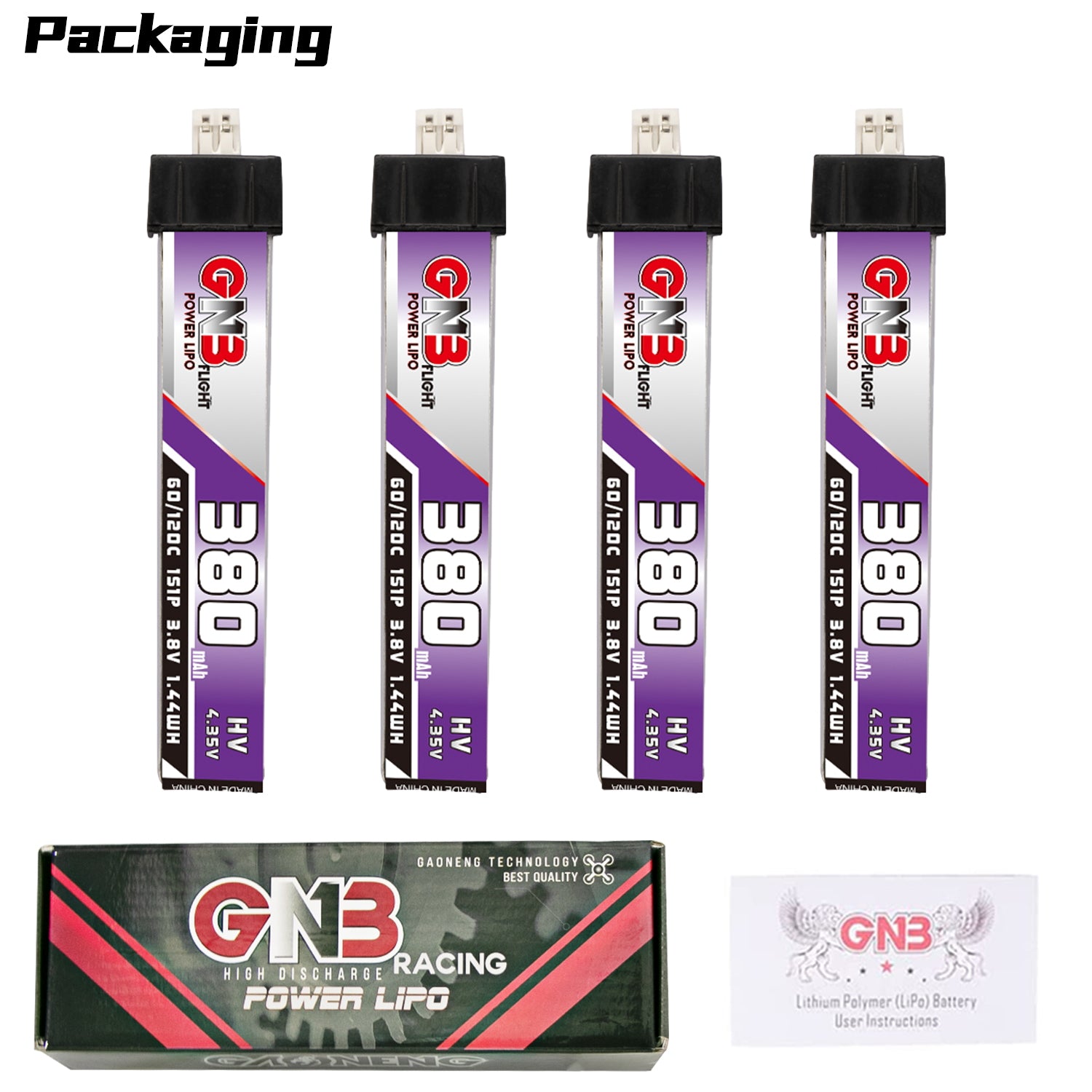 Packaging contents: four GNB 380 LiHV batteries, GNB Racing Power LiPo box, and user instructions