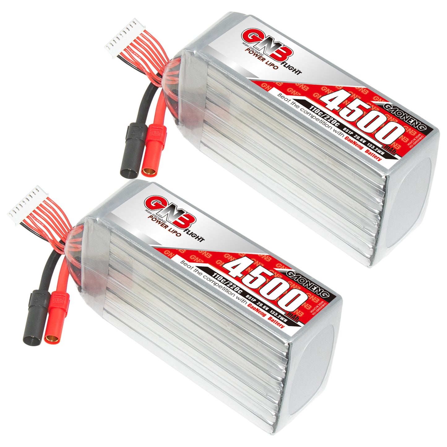 Two GNB 4500mAh LiPo batteries shown together with power leads and balance connectors