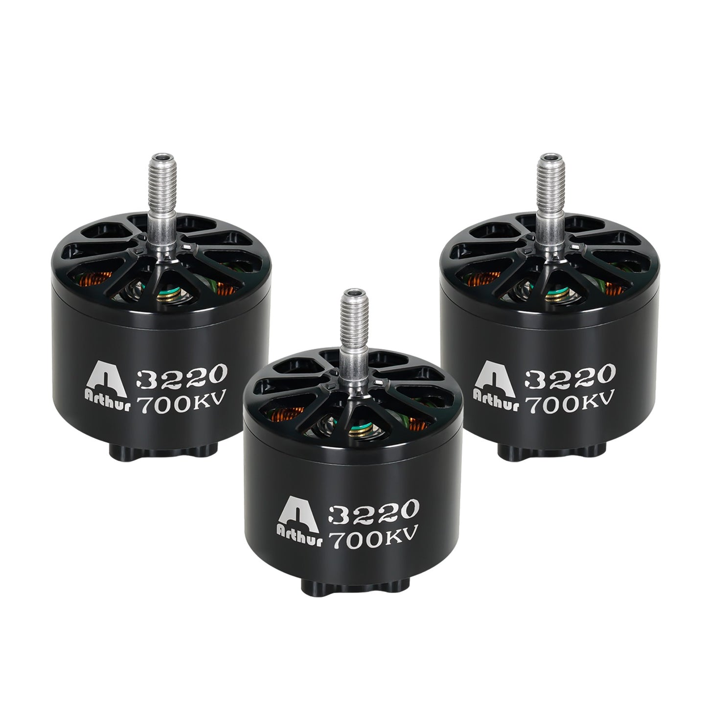 Flashhobby A3220 700KV Brushless Motor, 3220 700KV brushless motor with black can, vented top, and threaded shaft (three motors shown)