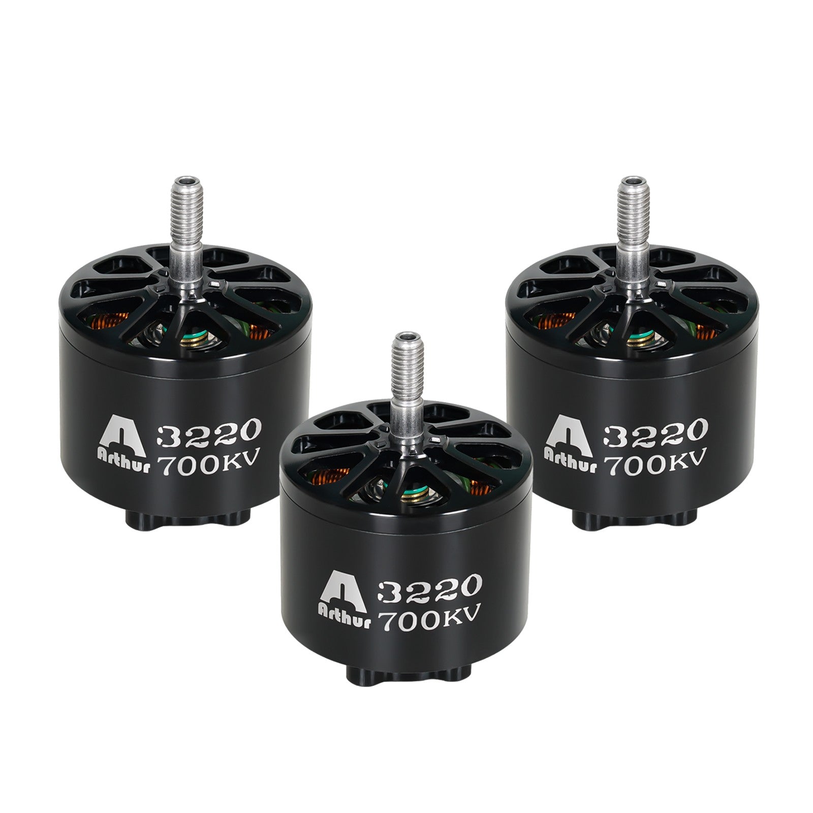 Flashhobby A3220 700KV Brushless Motor, 3220 700KV brushless motor with black can, vented top, and threaded shaft (three motors shown)
