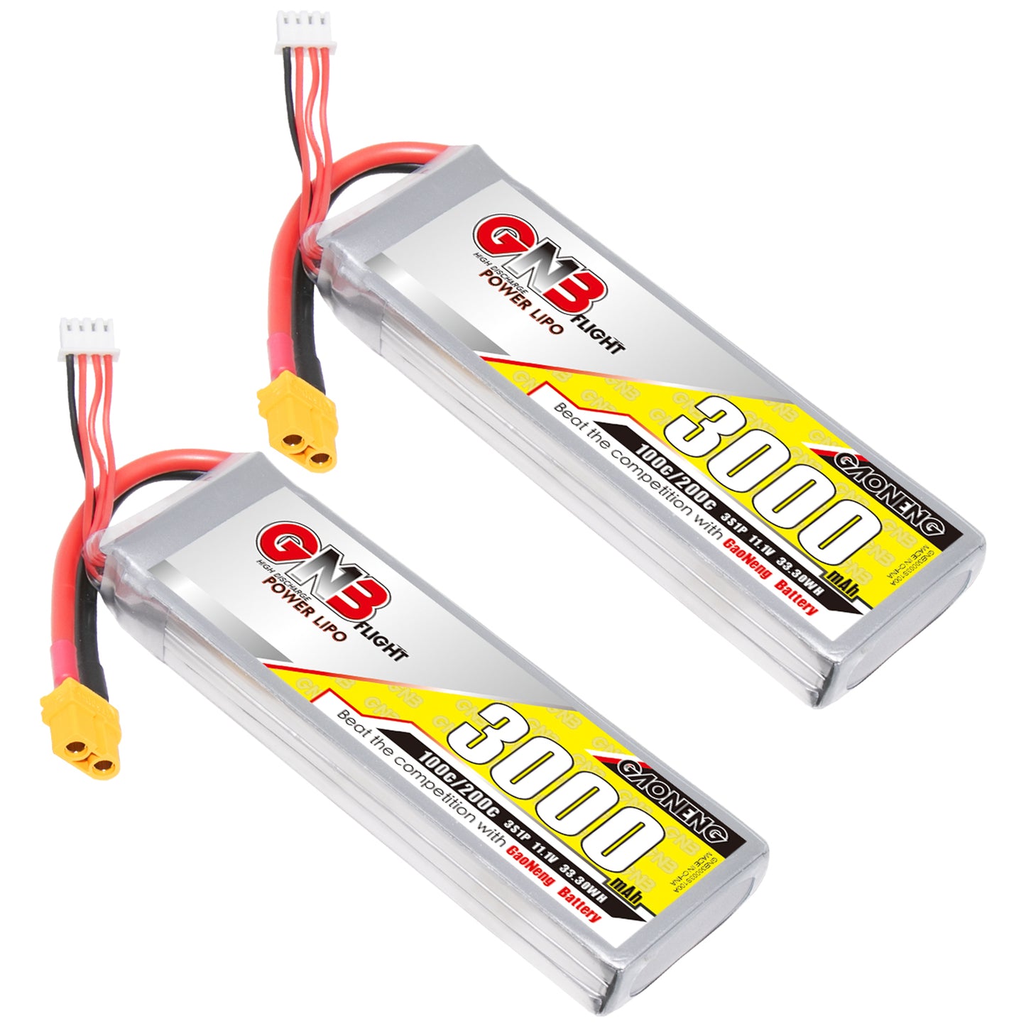 Two GNB 3000mAh 3S LiPo batteries shown together, silver packs with XT60 connectors and balance leads