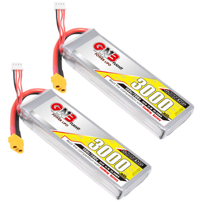 Two GNB 3000mAh 3S LiPo batteries shown together, silver packs with XT60 connectors and balance leads