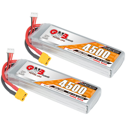 Two GNB 4500mAh 3S LiHV LiPo batteries shown side by side with XT60 connectors