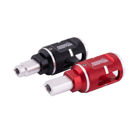 RadioMaster Switch Nut Tool set in red and black anodized aluminum, knurled grip with metal socket tip