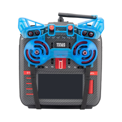 RadioMaster TX16S transmitter with TPU gimbal and switch protector cover installed for travel protection
