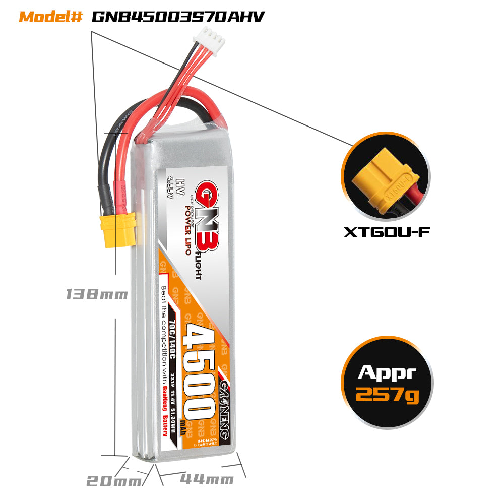 GAONENG GNB 4500mAh 3S 11.4V LiHV 70C LiPo Battery XT60 for 1/10 RC Car, EDF Jets & RC Models