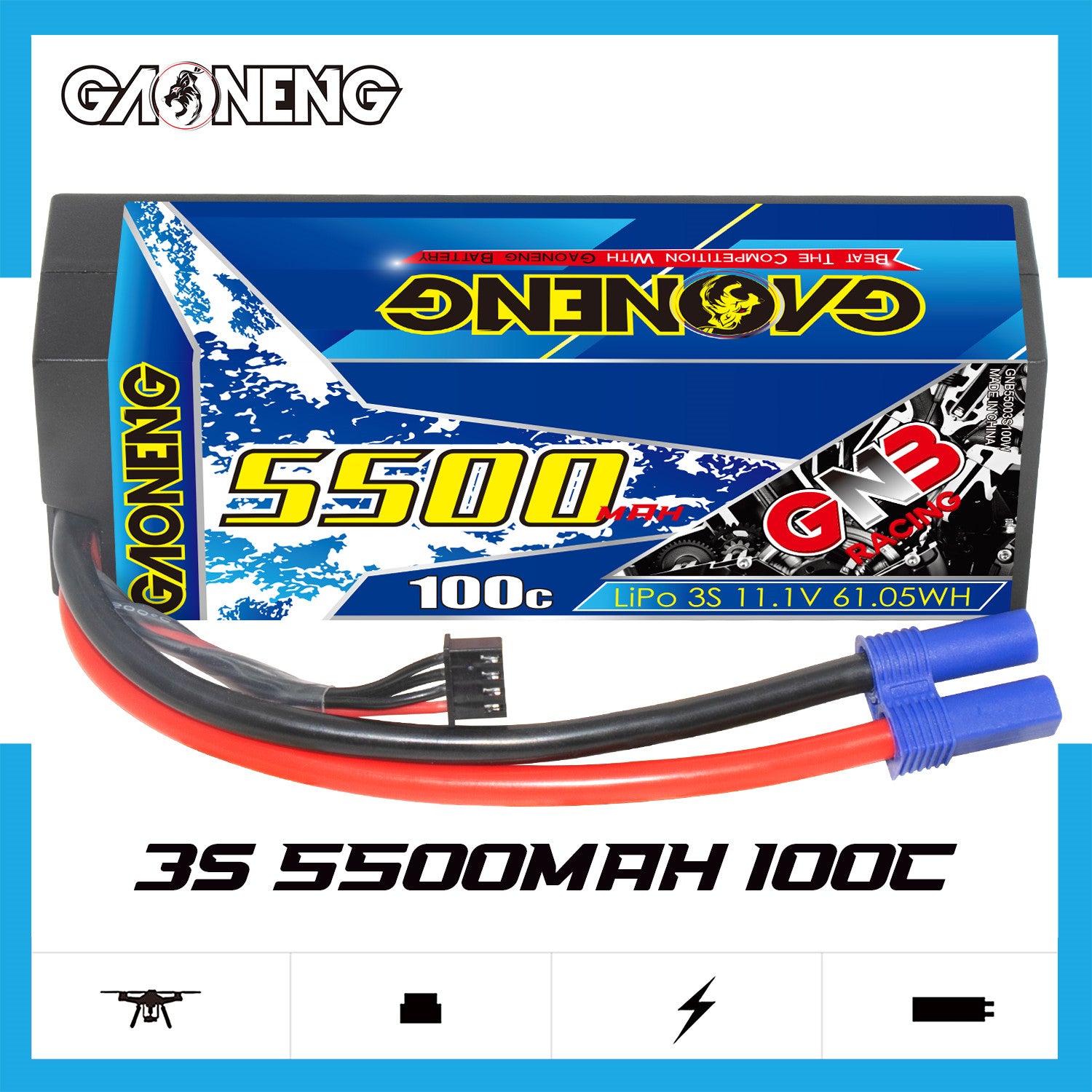 GAONENG GNB 3S 5500mAh 100C hard case LiPo battery product graphic with EC5 plug