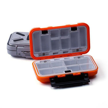 Waterproof FPV tool parts organizer box with orange silicone seal, clear compartment tray, and snap latch