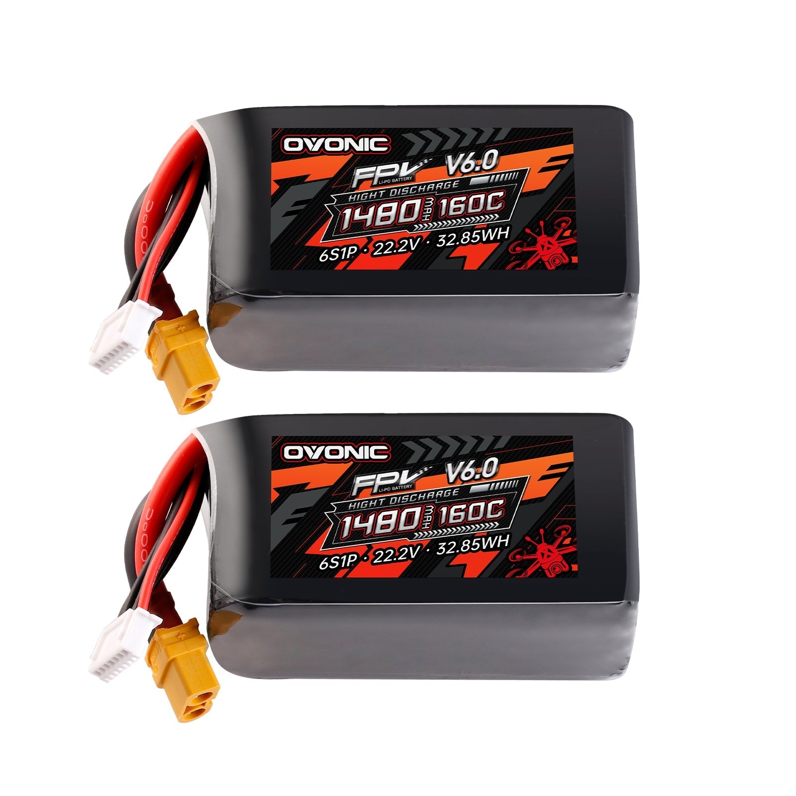 Two Ovonic FPV V6.0 6S 1480mAh 160C LiPo batteries, front label view with XT60 and balance plug