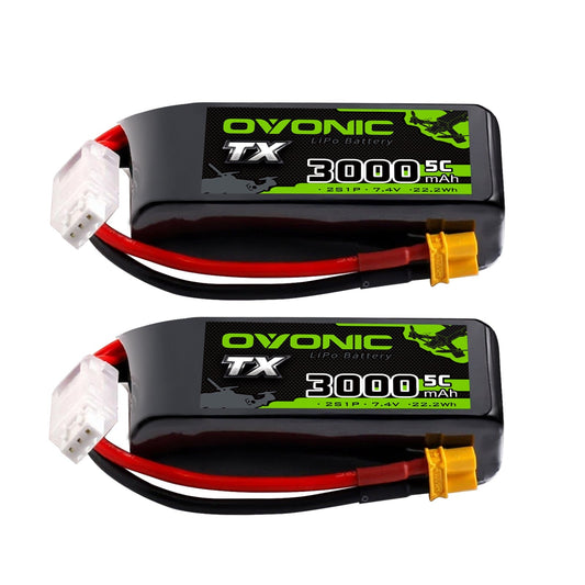 Ovonic 2S 3000mAh 7.4V 5C softcase LiPo battery 2-pack with XT30 and JST-XH balance leads