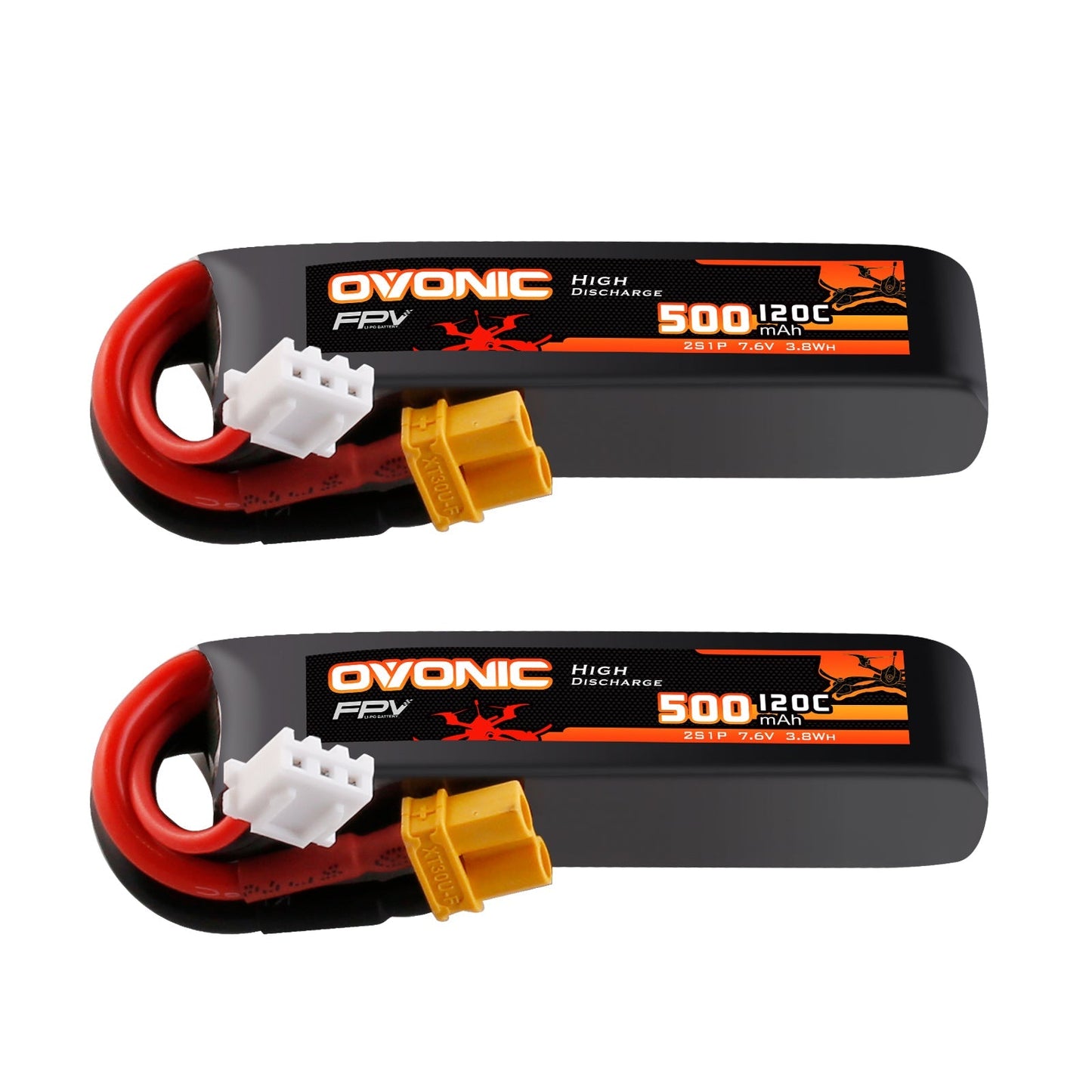 OVONIC 2S 500mAh 7.6V LiHV 120C softcase FPV battery 2-pack with XT30 and JST-XHR balance plug
